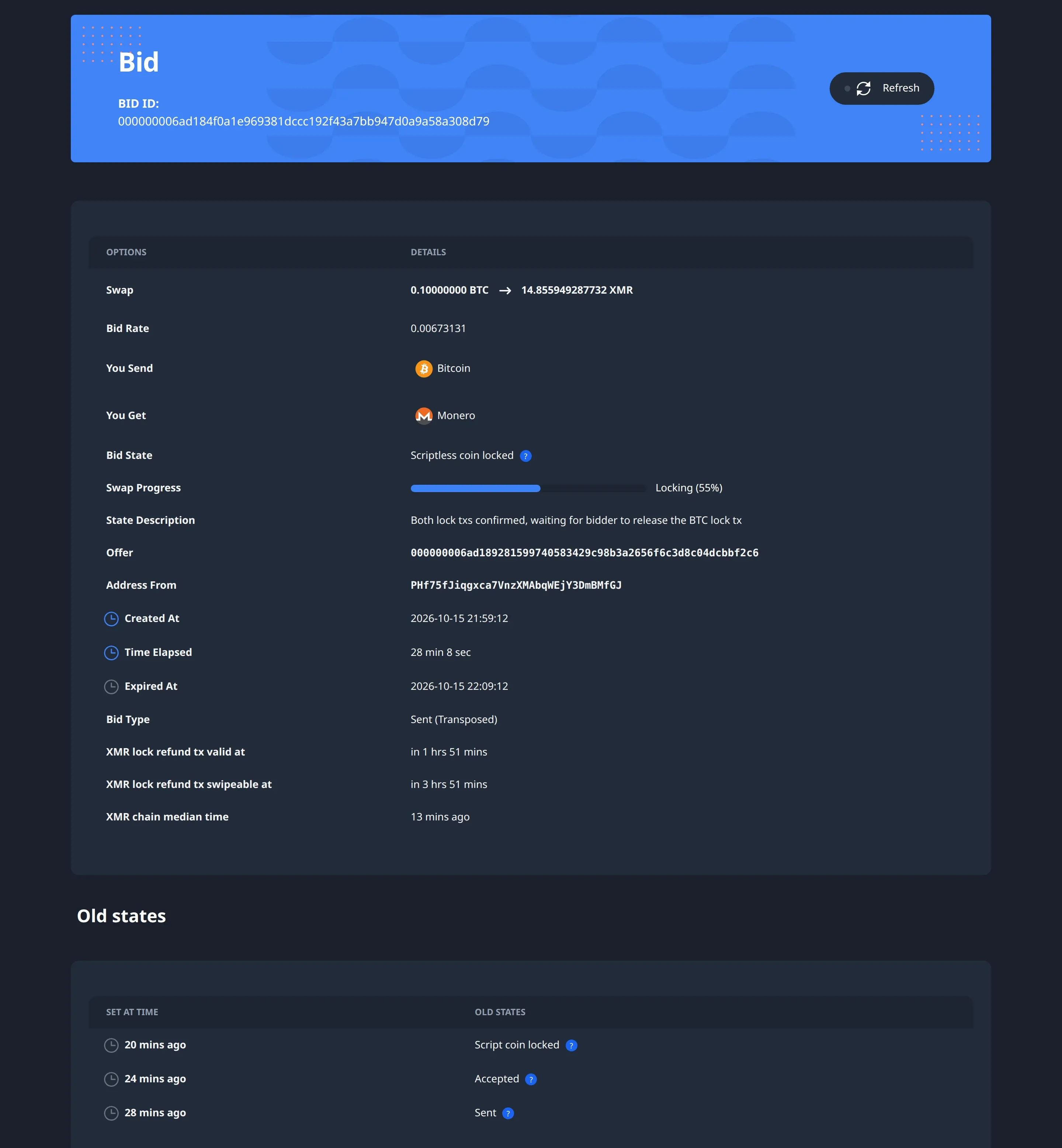 A bid's page during a swap of 0.1 Bitcoin for 14.86 Monero: the bid state is Scriptless coin locked, the swap progress bar is at 55%, and earlier states are listed below