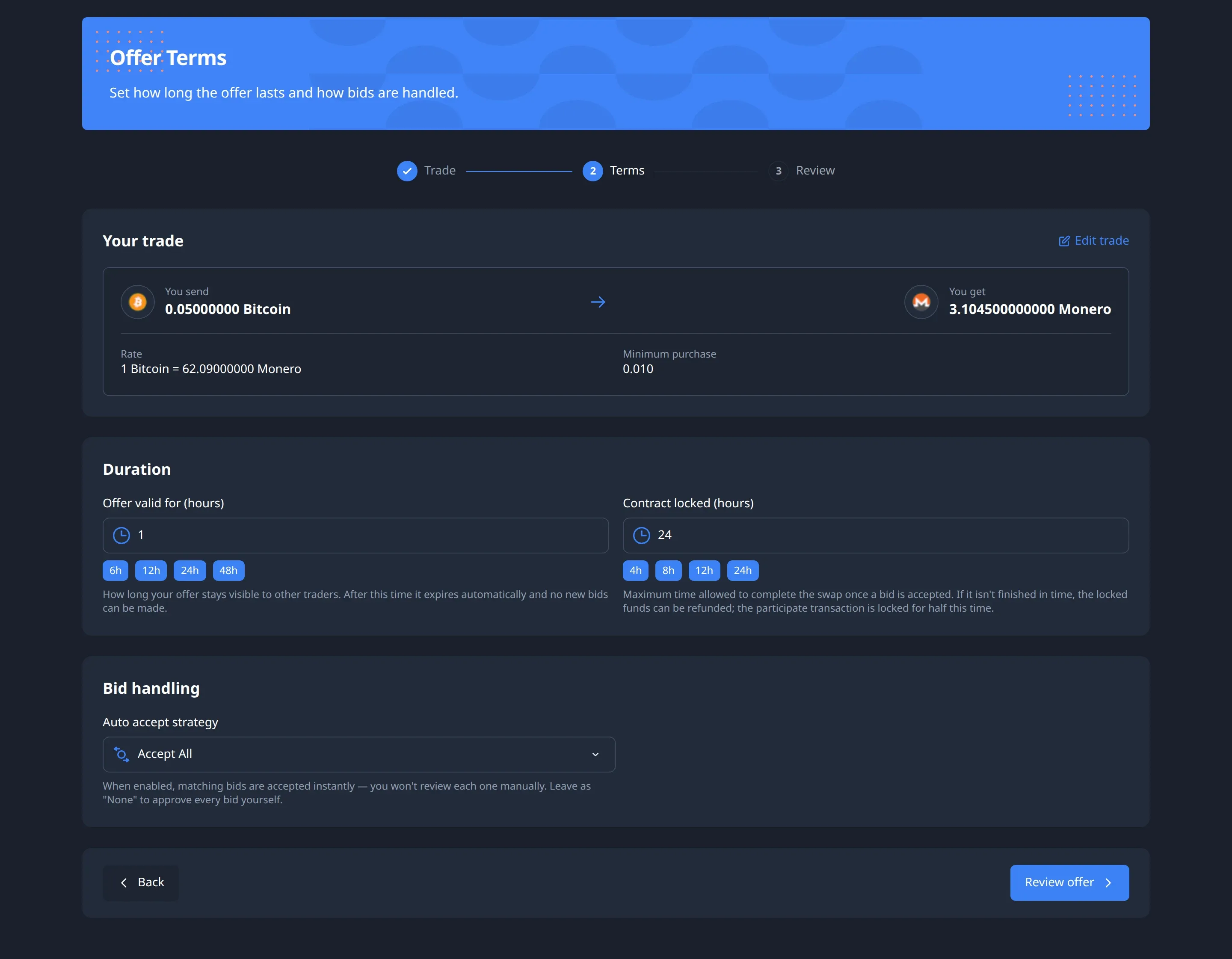 The Offer Terms step: the offer valid for 1 hour, the contract locked for 24 hours, and the Accept All auto accept strategy