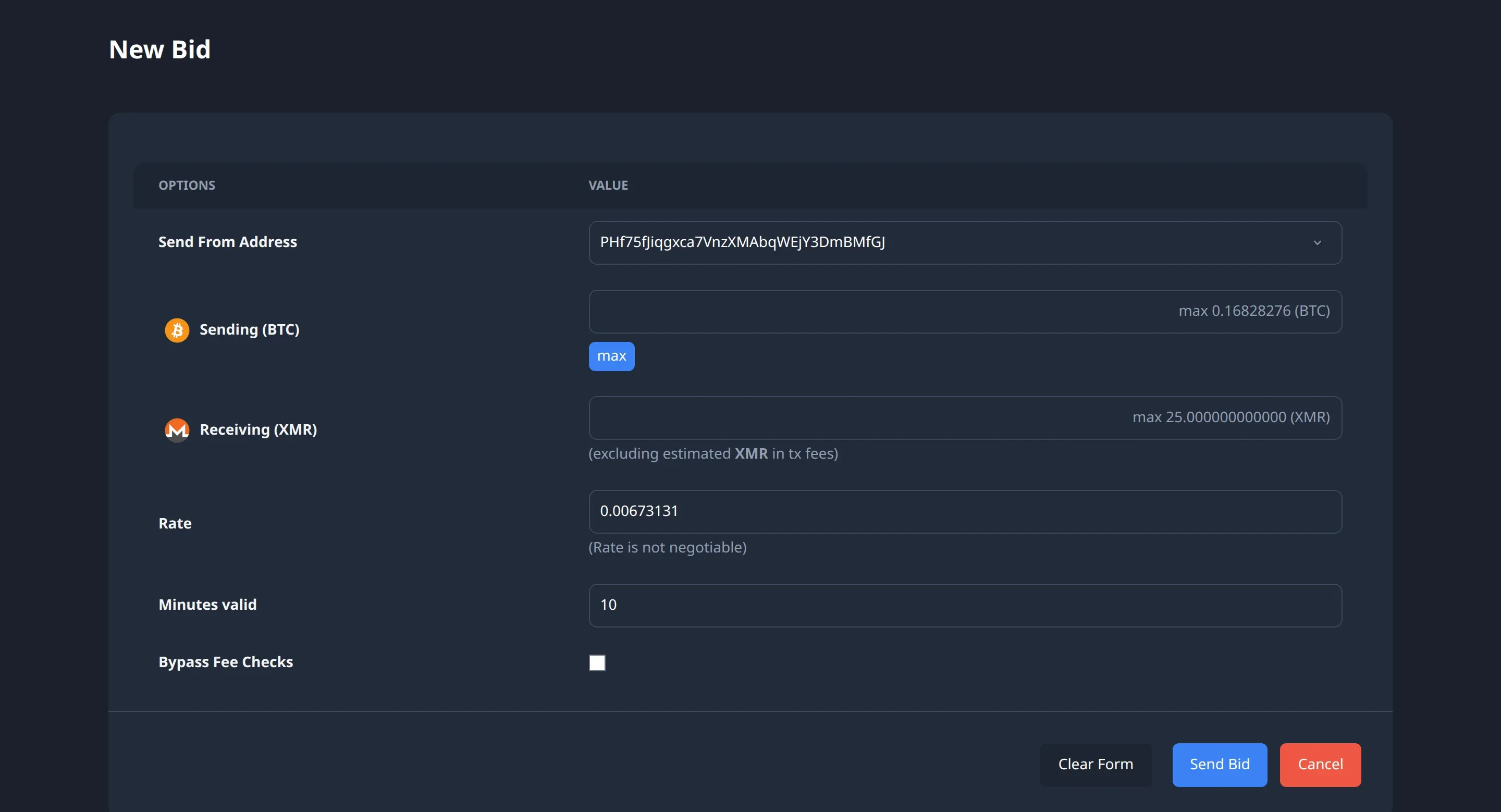 The New Bid form on an offer page: send-from address, the amount to send in Bitcoin with a max button, the amount to receive in Monero, the fixed rate, minutes valid set to 10, and the Send Bid button