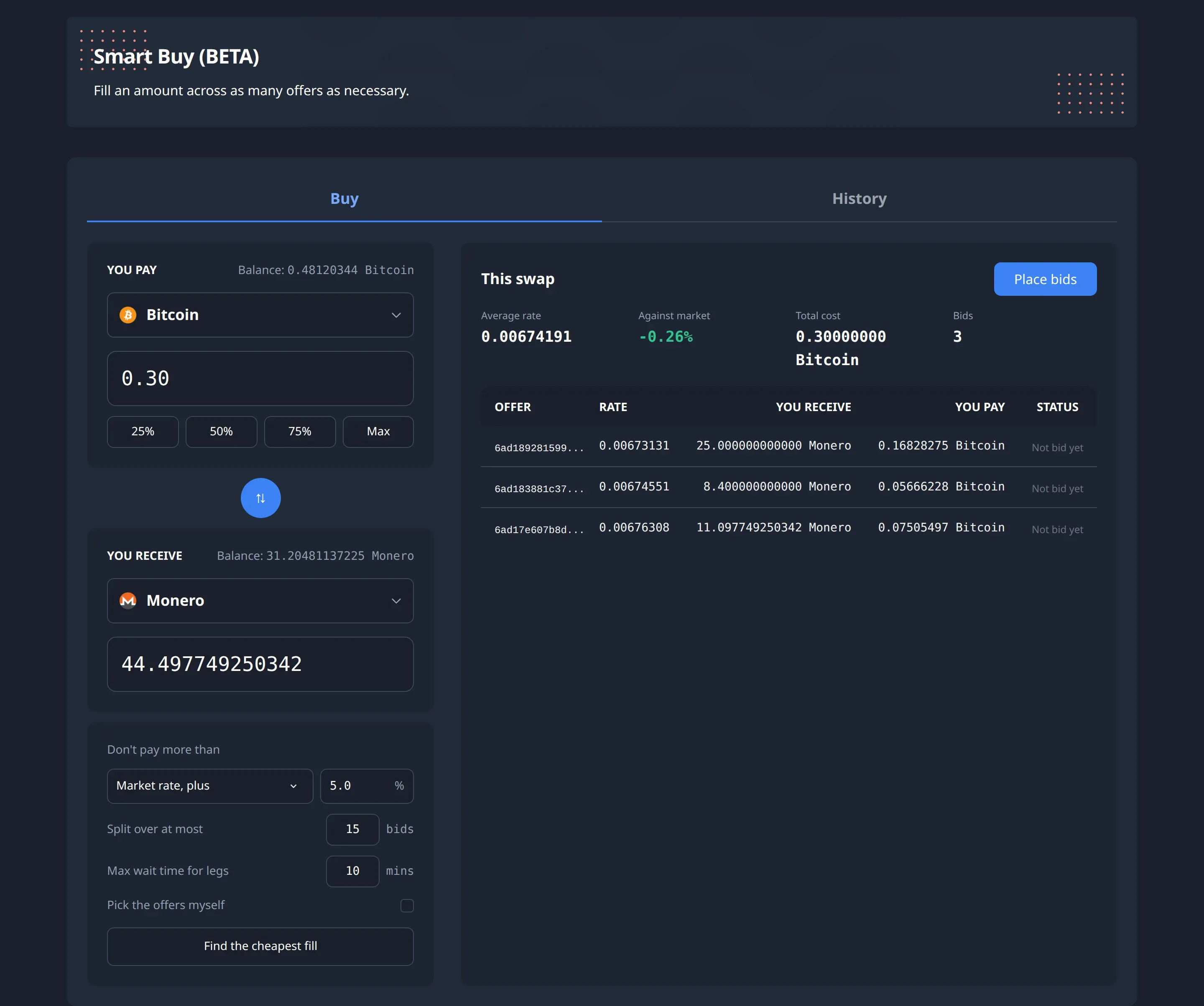 The Smart Buy page paying 0.30 Bitcoin for Monero: the plan on the right fills it from three offers at an average rate of 0.00674191, 0.26% below the market rate