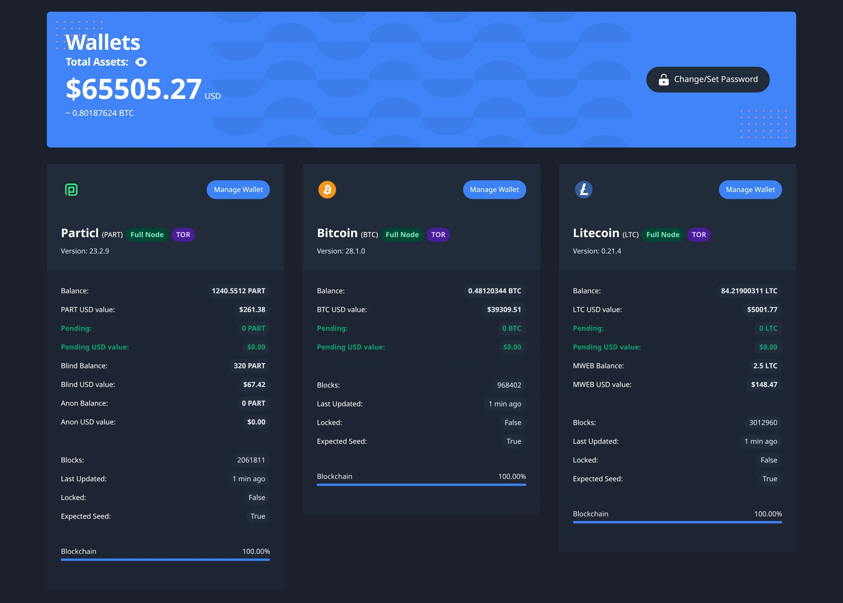 BasicSwap's Wallets page showing Particl, Bitcoin and Litecoin wallets with their balances, versions and blockchain sync progress