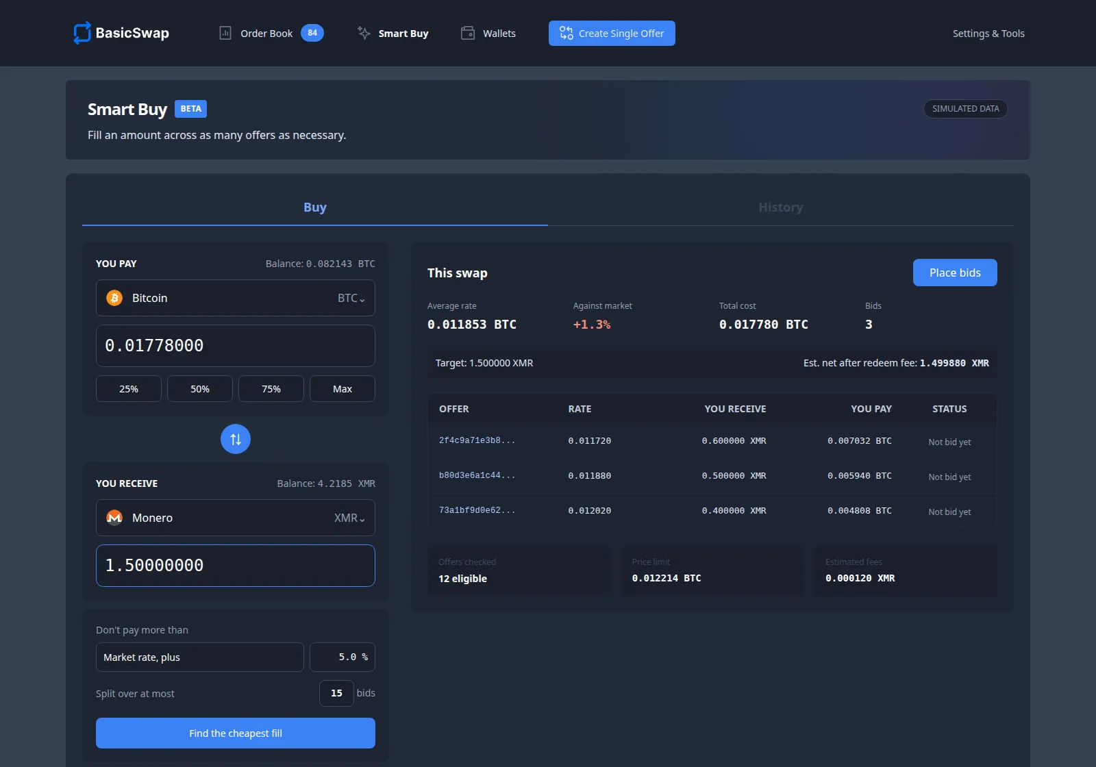 BasicSwap Smart Buy preview showing a simulated Bitcoin-to-Monero purchase split across three offers
